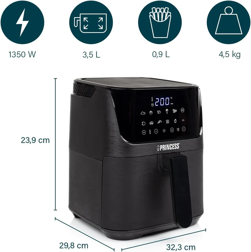 Princess Heissluftfritteuse mit 3,5 L – 70% weniger Energieverbrauch – 11 Programme – Inklusive Reze