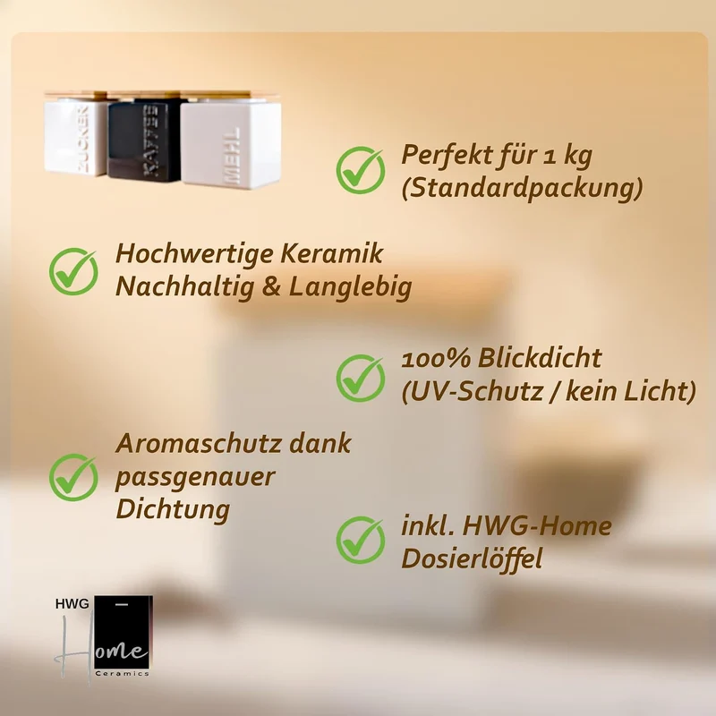 Zuckerdose luftdicht 1kg – Keramik Zuckerbehälter inkl. Bambus Messlöffel - Bambusdeckel für lange H
