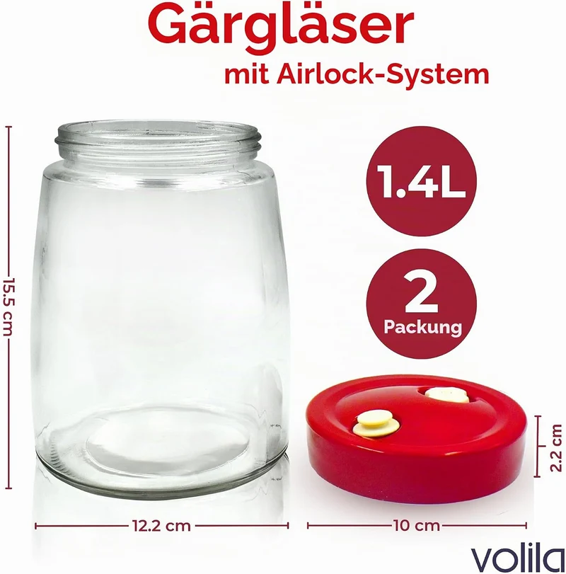 1,4 l Gärglas mit Entlüftungsventil mit 1-Wege-Entlüftung – 2 Stück Gärglas für Kefir, Kimchi, Sauer
