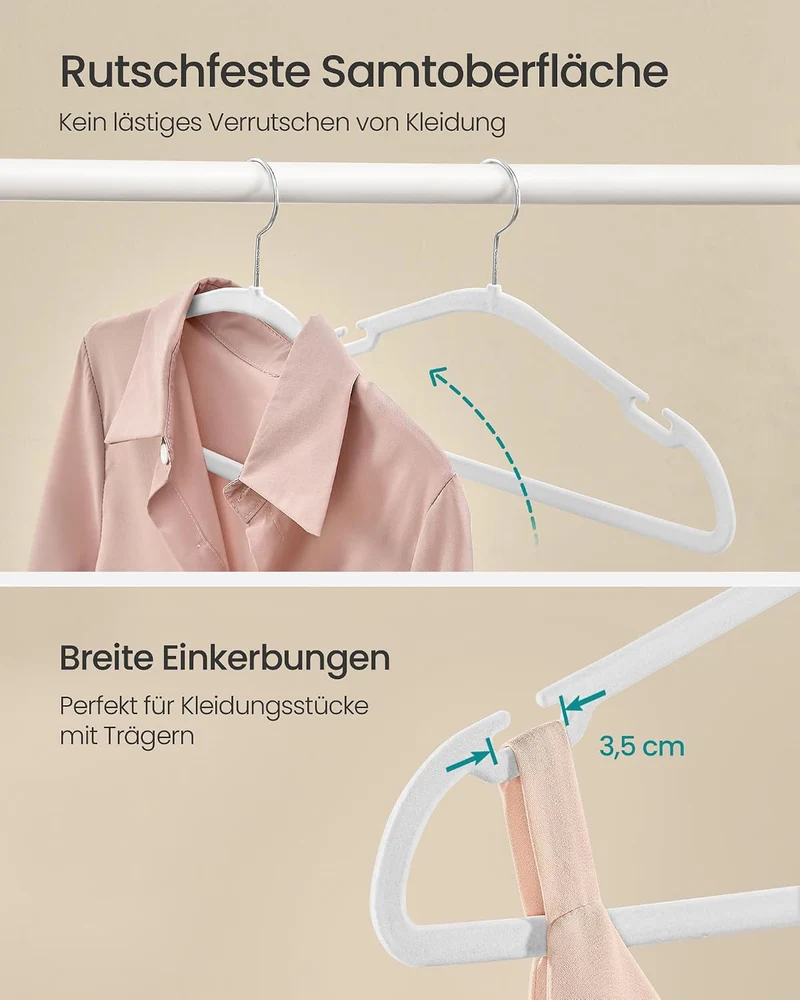 SONGMICS Kleiderbügel Samt, Bügel 50er Set, 43 x 21 cm, Samtbügel rutschfest, breite Schulterkerben,