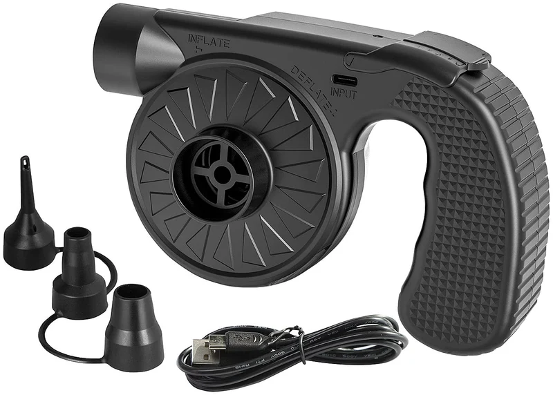 infactory Luftpumpe Luftmatratze: Akku-Luftpumpe mit 3 Ventil-Aufsätzen und USB-Ladefunktion, 500 l/