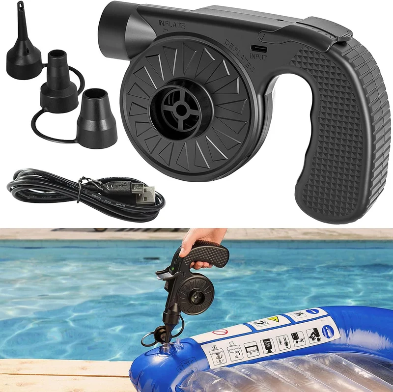 infactory Luftpumpe Luftmatratze: Akku-Luftpumpe mit 3 Ventil-Aufsätzen und USB-Ladefunktion, 500 l/