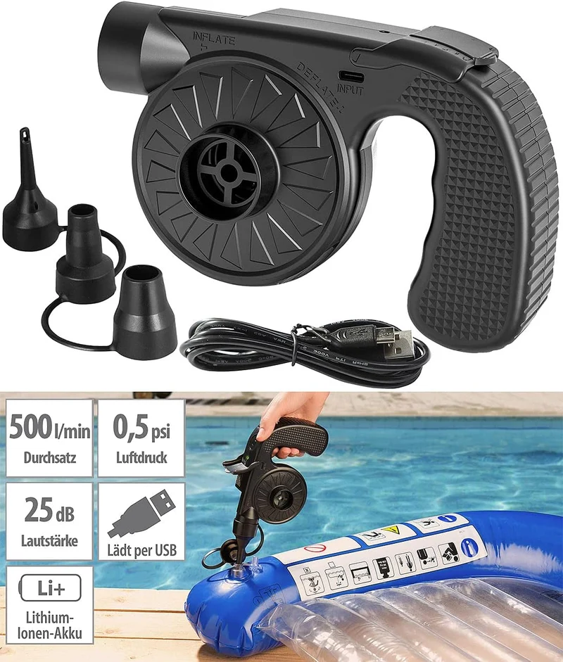 infactory Luftpumpe Luftmatratze: Akku-Luftpumpe mit 3 Ventil-Aufsätzen und USB-Ladefunktion, 500 l/