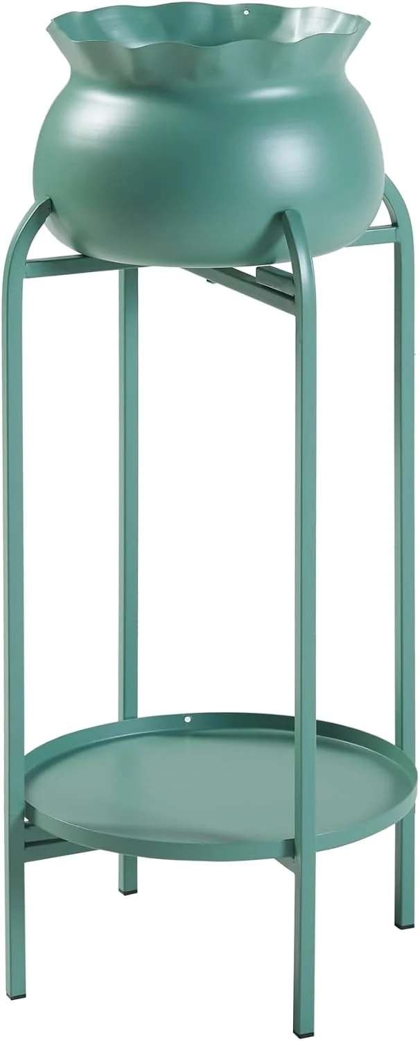 [en.casa] Blumenständer Altena Pflanzenständer mit Blumentopf und Ablage Metall Grün Pflanzenregal 8