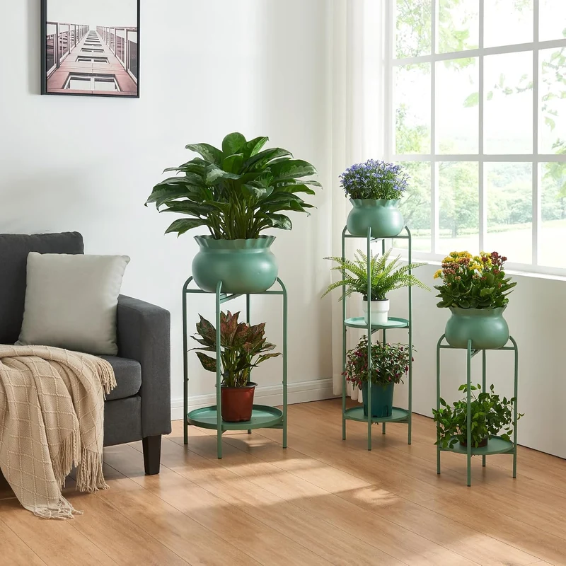 [en.casa] Blumenständer Altena Pflanzenständer mit Blumentopf und Ablage Metall Grün Pflanzenregal 8