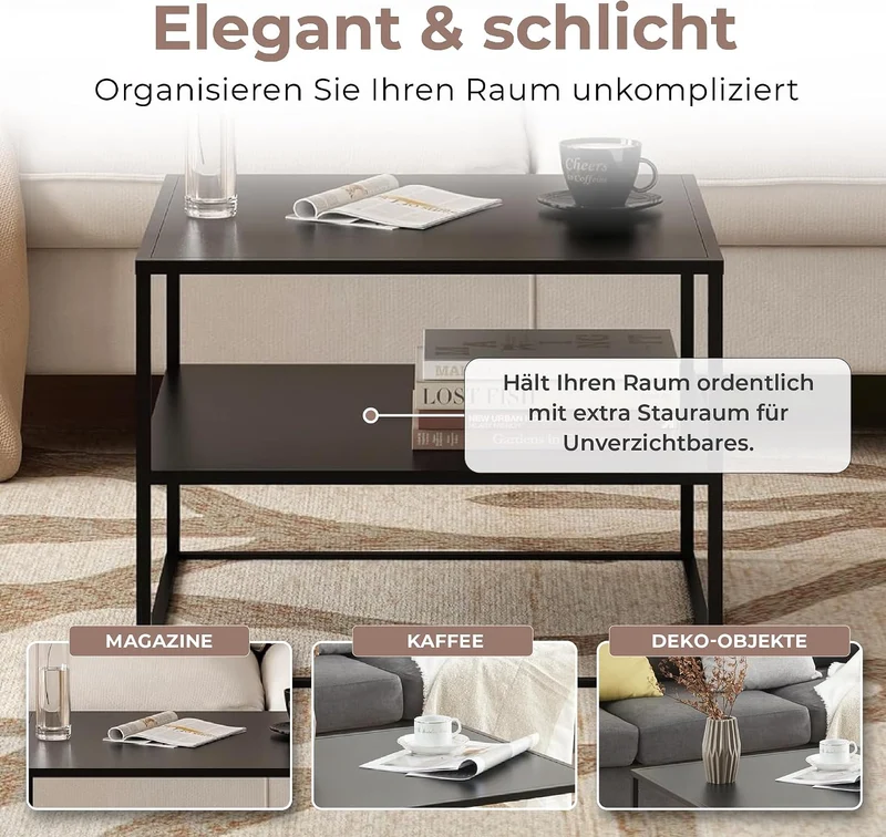 [en.casa] Couchtisch Solund Beistelltisch mit Ablage Metall Schwarz matt Wohnzimmertisch mit Staurau