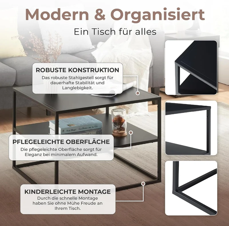 [en.casa] Couchtisch Solund Beistelltisch mit Ablage Metall Schwarz matt Wohnzimmertisch mit Staurau