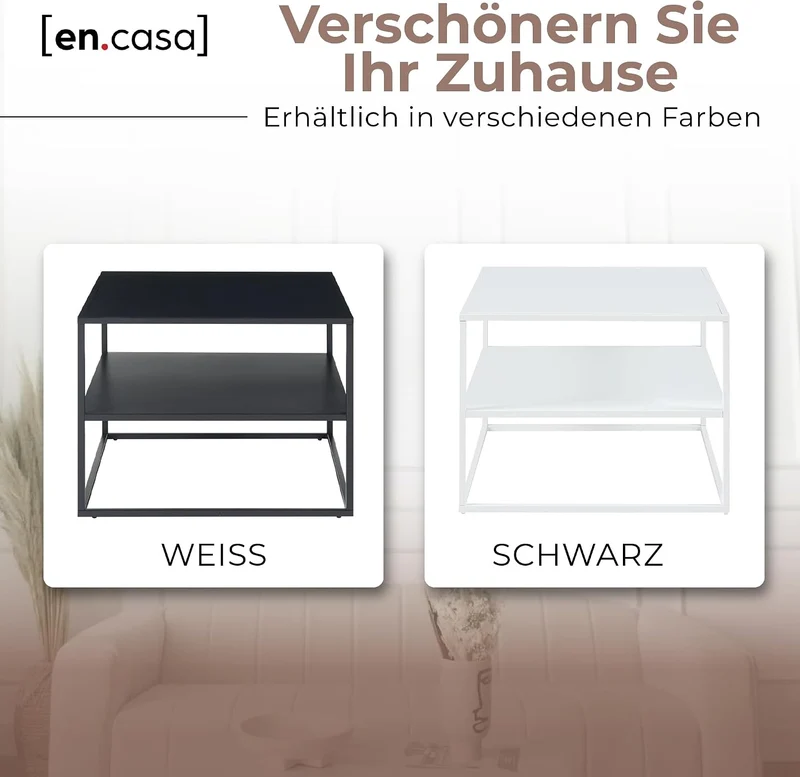 [en.casa] Couchtisch Solund Beistelltisch mit Ablage Metall Schwarz matt Wohnzimmertisch mit Staurau
