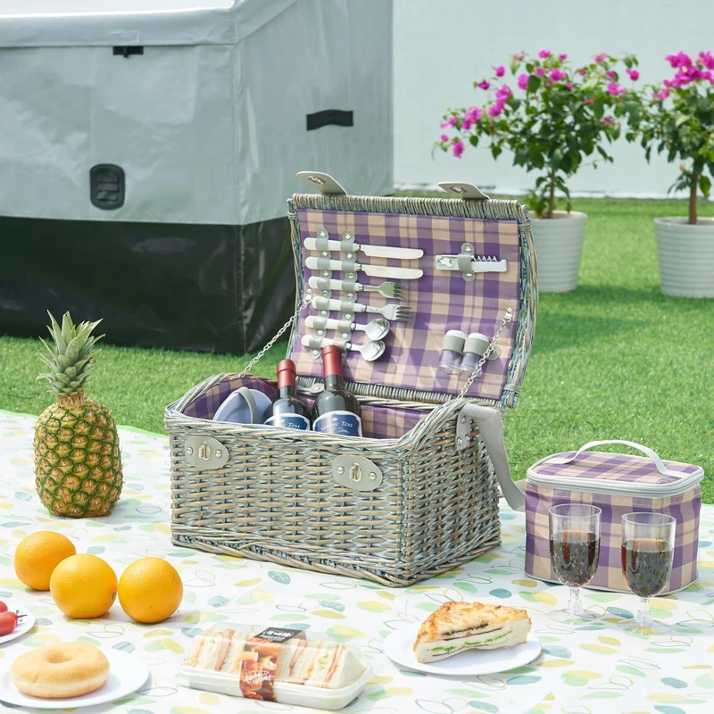 casa.pro Picknickkorb Folldal Komplettset für 2 Personen mit Kühltasche Weidenkorb Picknickset aus G
