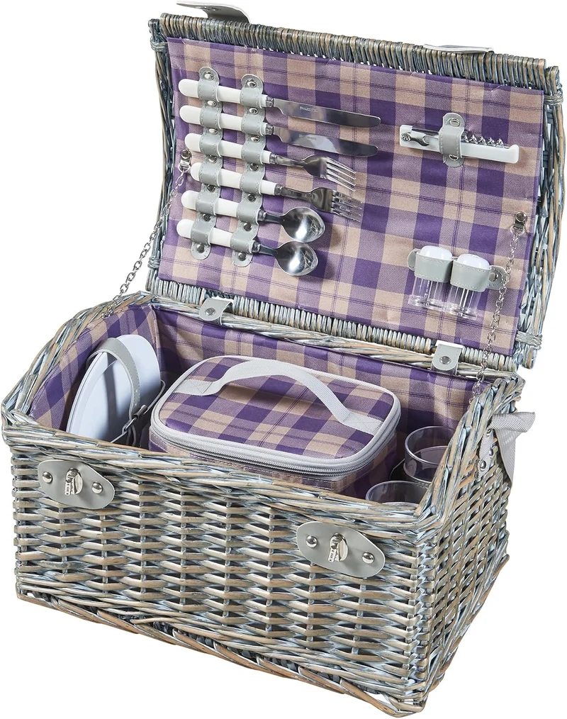 casa.pro Picknickkorb Folldal Komplettset für 2 Personen mit Kühltasche Weidenkorb Picknickset aus G