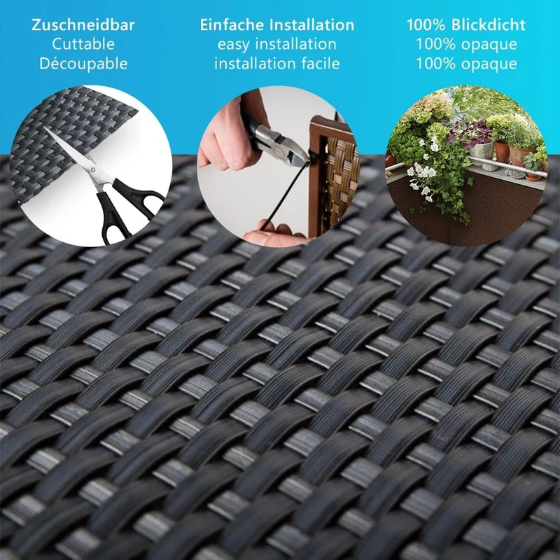 NYVI Polyrattan Balkon Sichtschutz Privafence 90x300 cm Schwarz - Balkonbespannung mit Metallösen -