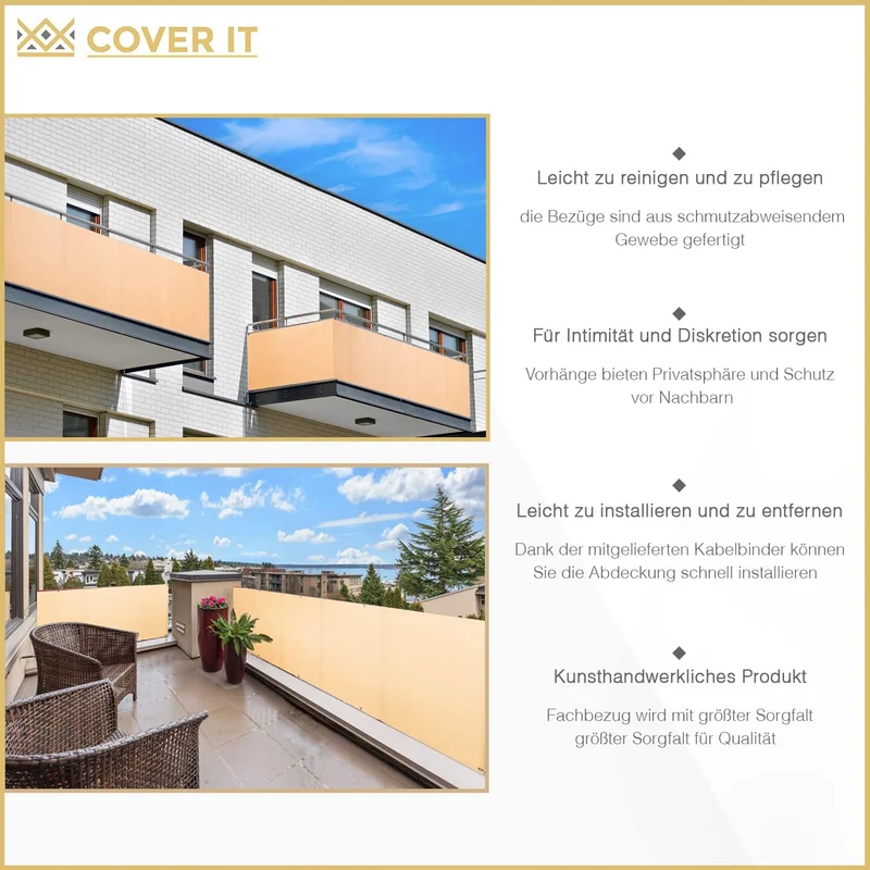 COVER IT Balkon Sichtschutz nach Mass 80 cm Beige 80 x Custom Beige, 80 x Custom Beige