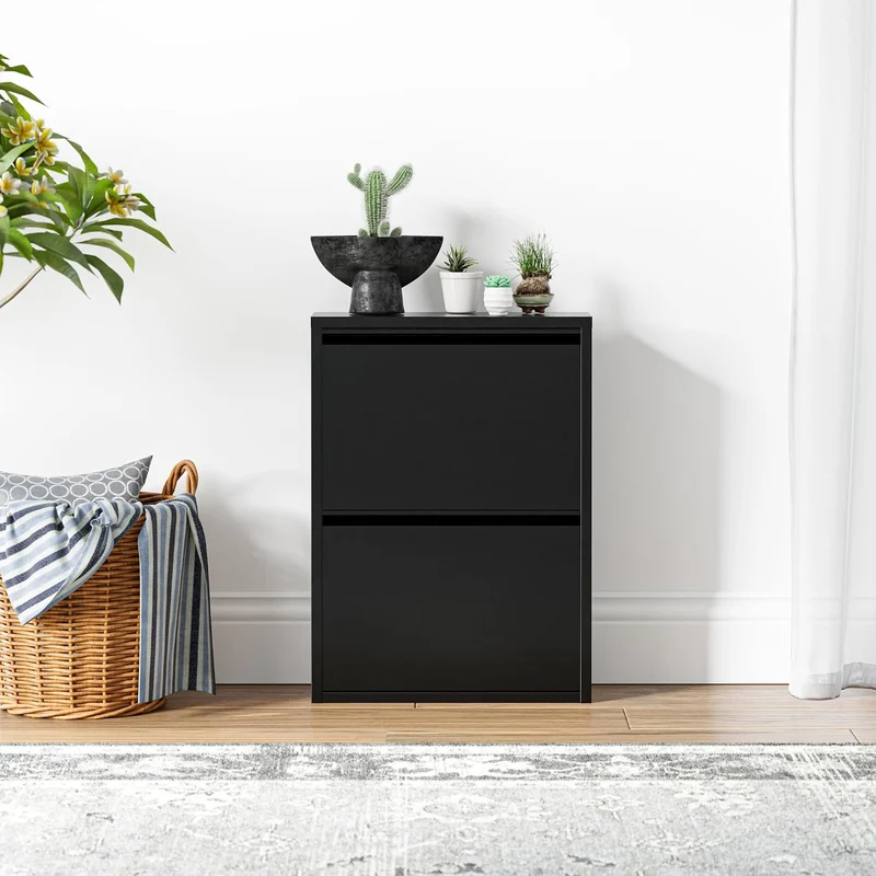 [en.casa] Schuhschrank Sokndal Schuhkipper Schwarz schmal Schuhkommode mit 2 Kippfächern Diele Flur