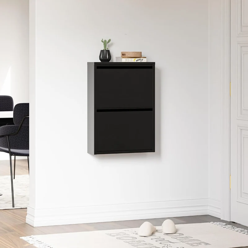 [en.casa] Schuhschrank Sokndal Schuhkipper Schwarz schmal Schuhkommode mit 2 Kippfächern Diele Flur