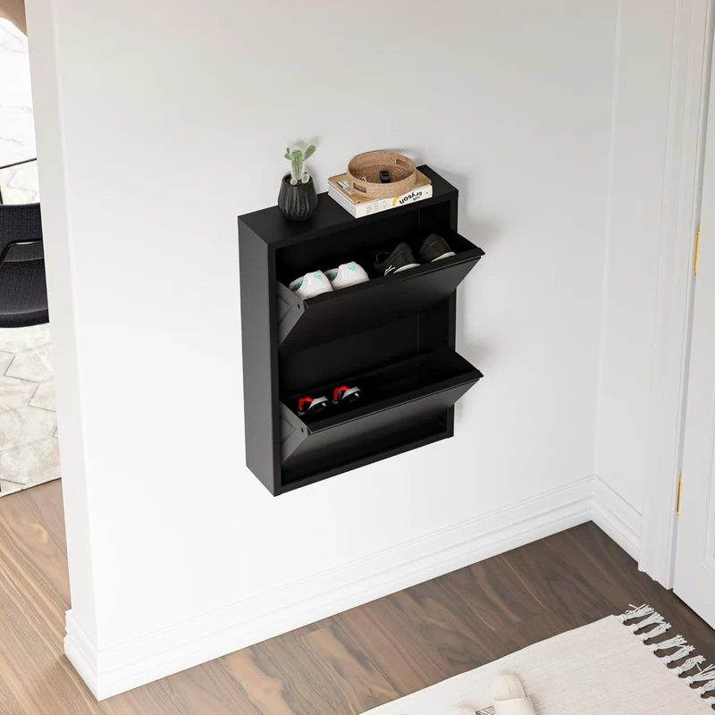 [en.casa] Schuhschrank Sokndal Schuhkipper Schwarz schmal Schuhkommode mit 2 Kippfächern Diele Flur