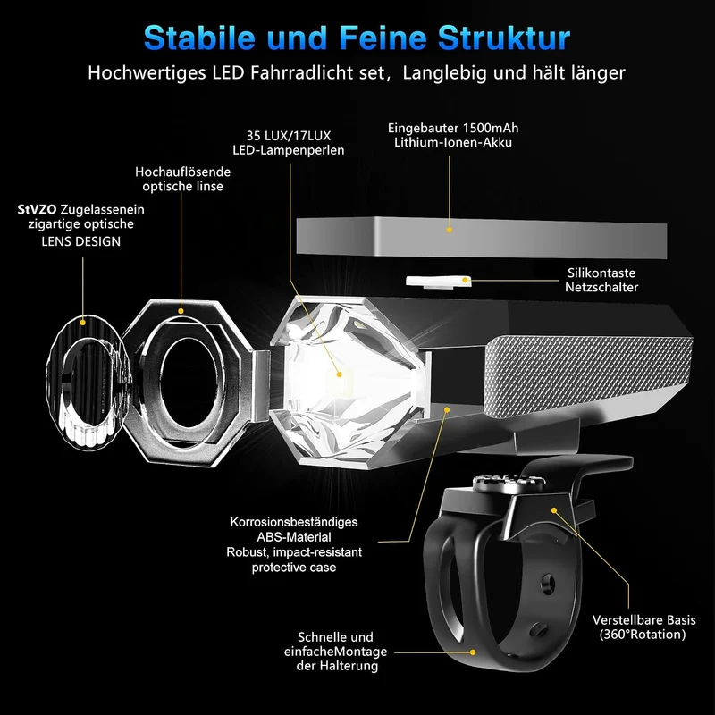 LED Fahrradlicht Set Wiederaufladbare, STVZO Zugelassen Fahrradlicht Fahrradlichter Fahrradlampe Set