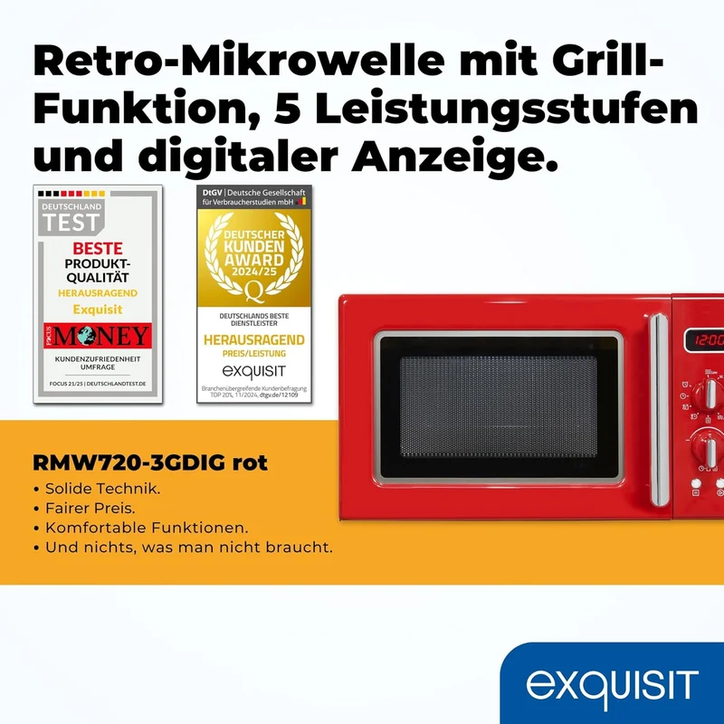 Exquisit Retro Mikrowelle RMW720-3GDIG rot | 20 Liter | 1000 Watt Grill | Digitale Anzeige | Rot | D