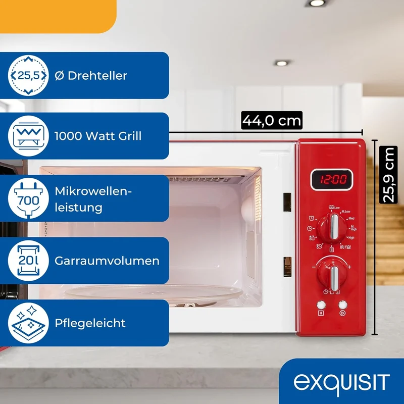 Exquisit Retro Mikrowelle RMW720-3GDIG rot | 20 Liter | 1000 Watt Grill | Digitale Anzeige | Rot | D