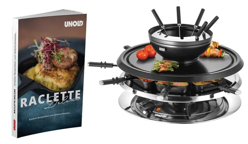 Unold 48926 Raclette Multi 4 in 1 inkl. Raclette Rezeptbuch mit 50 Rezepten | Raclette-Grill für 8 P