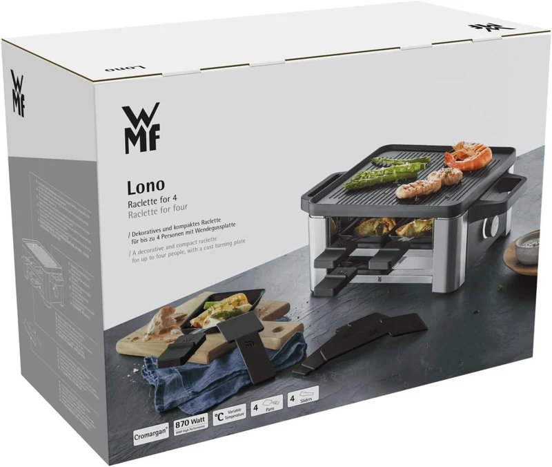 WMF Lono Raclette Grill mit Pfännchen und Schiebern, Raclette 4 Personen, 870 W, edelstahl