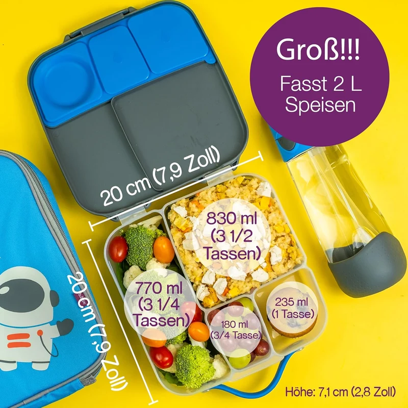 b.box Lunchbox für Kinder, limitierte Auflage, Farbe, 4 Fächer (2 auslaufsicher), grosse Grösse für
