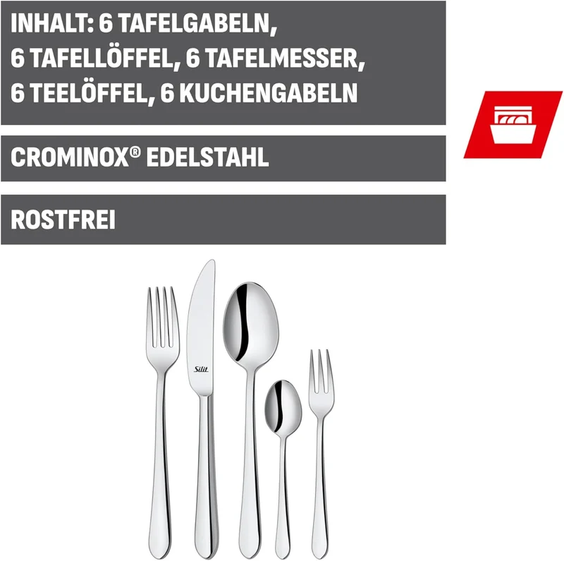Silit Midi Besteck Set 6 Personen, 30-teilig, Monobloc-Messer, Crominox Edelstahl poliert, glänzend,