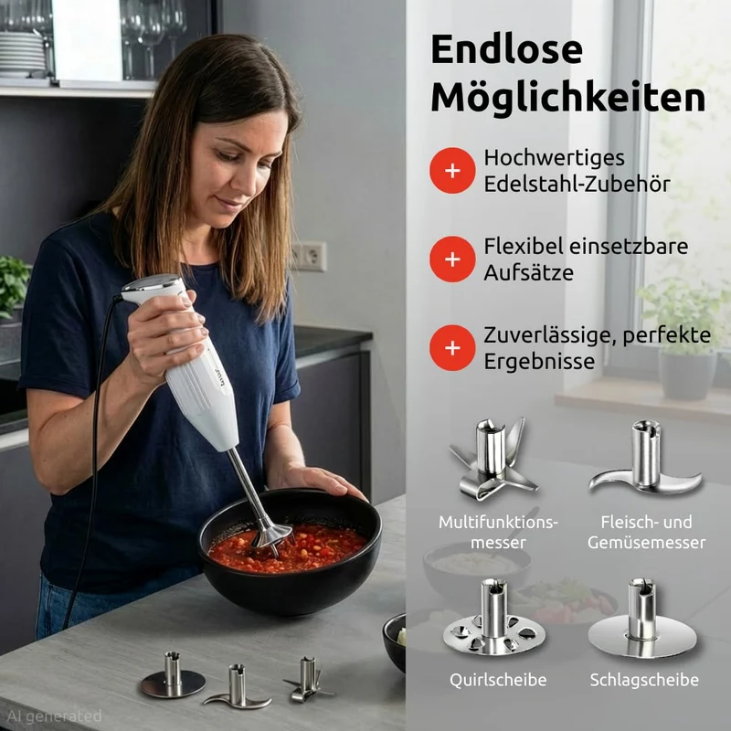 bamix Stabmixer Set M350 MAXX inkl. Multifunktions-, Fleisch-, Gemüsemesser, Quirl, Schlagscheibe au