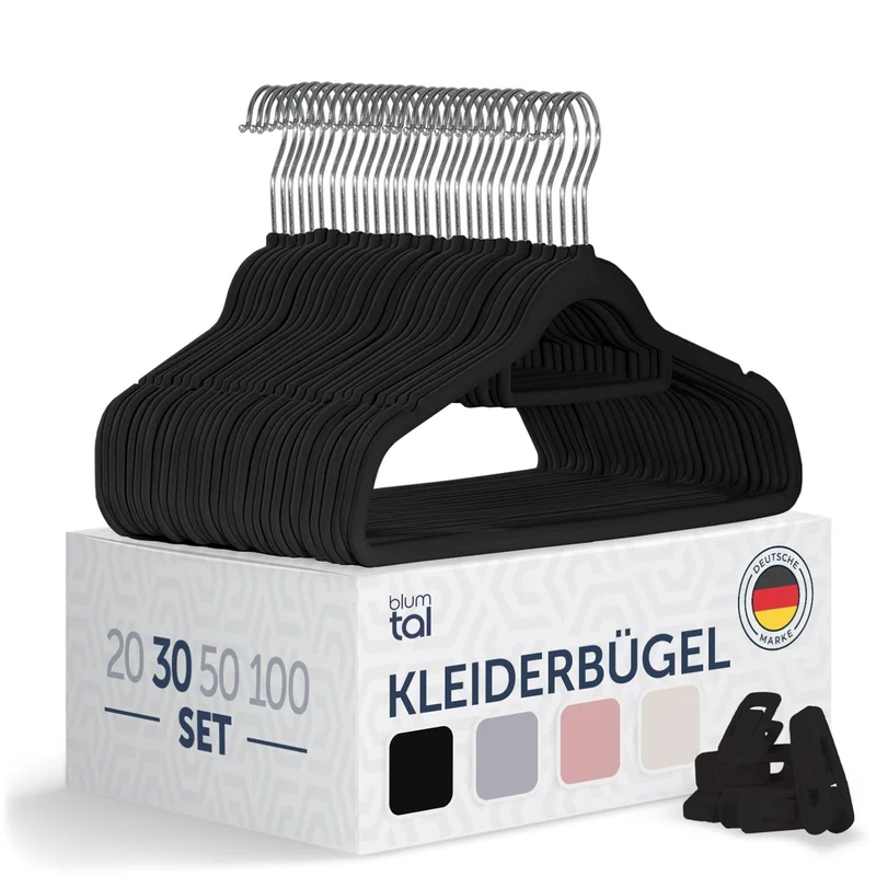 Blumtal Kleiderbügel 30 Stück mit Clips - Kleiderbügel Samt 360° drehbar und belastbar - Ultra platz