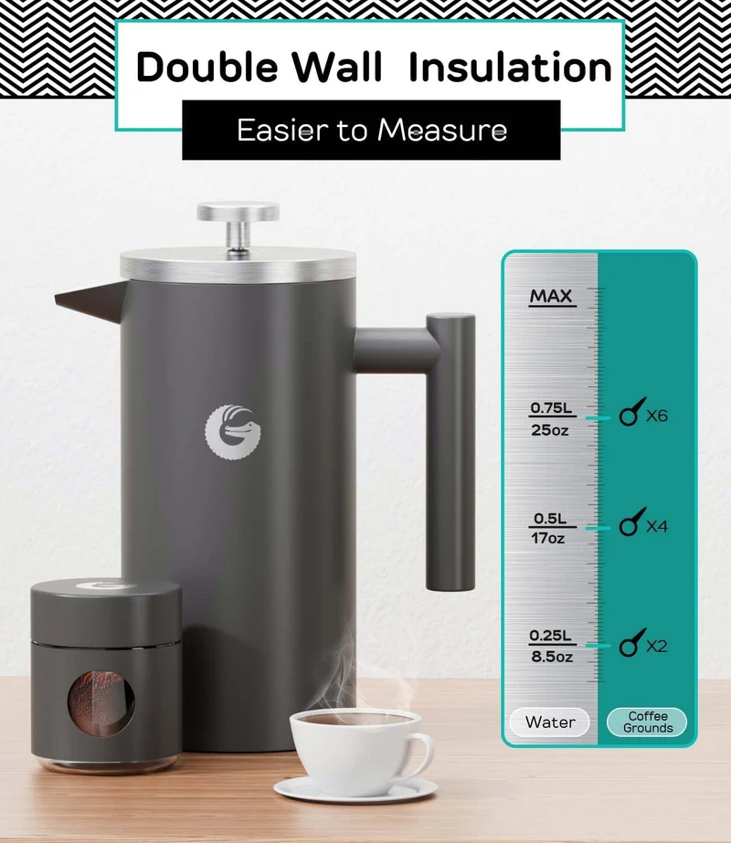 Coffee Gator French Press Kaffeebereiter - Thermo-Kaffeekanne aus Edelstahl für länger heissen Kaffe