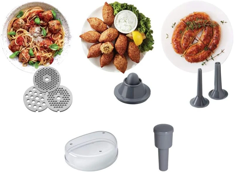 Kenwood Fleischwolf MG700, 3 Edelstahl Lochscheiben, 2 Wurstfüll-Aufsätze, 1 Kebbe-Aufsatz, grosse E