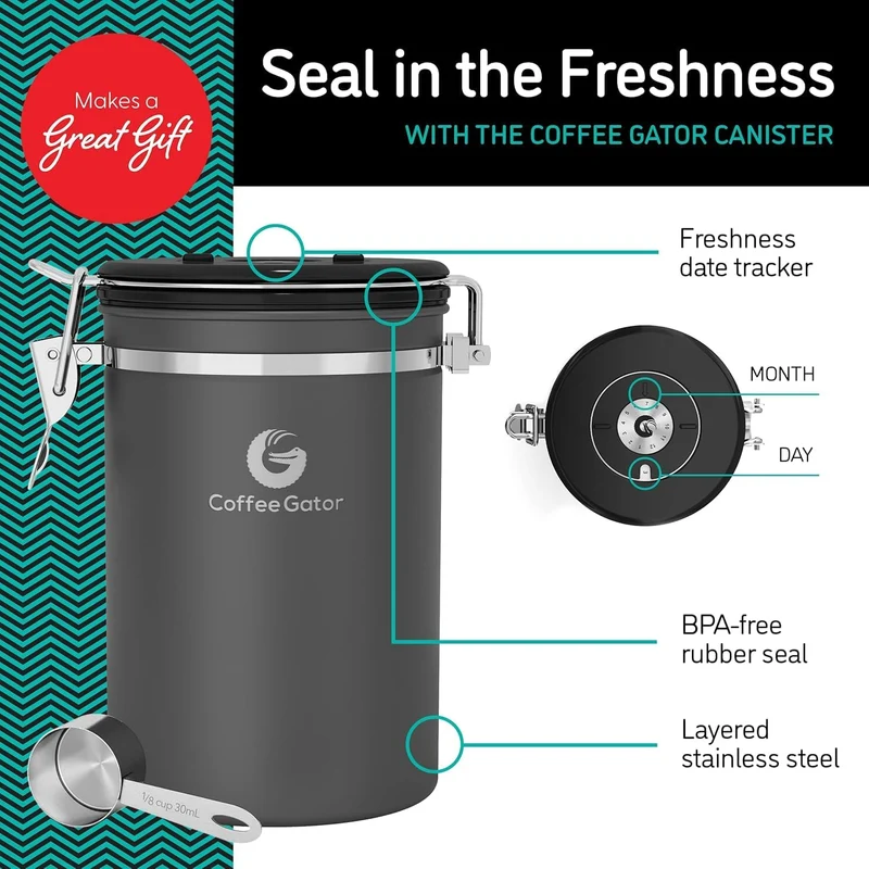 Coffee Gator Edelstahlbehälter Kaffeedose – Mit CO2-Ablassventil, magnetischem Löffel und Beutelaufb