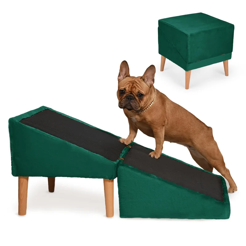 VELORA H&L Hunderampe Dunkelgrün - 2in1 Hundetreppe und Sitzhocker, Klappbare Einstiegshilfe für Sof