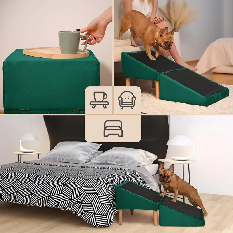 VELORA H&L Hunderampe Dunkelgrün - 2in1 Hundetreppe und Sitzhocker, Klappbare Einstiegshilfe für Sof
