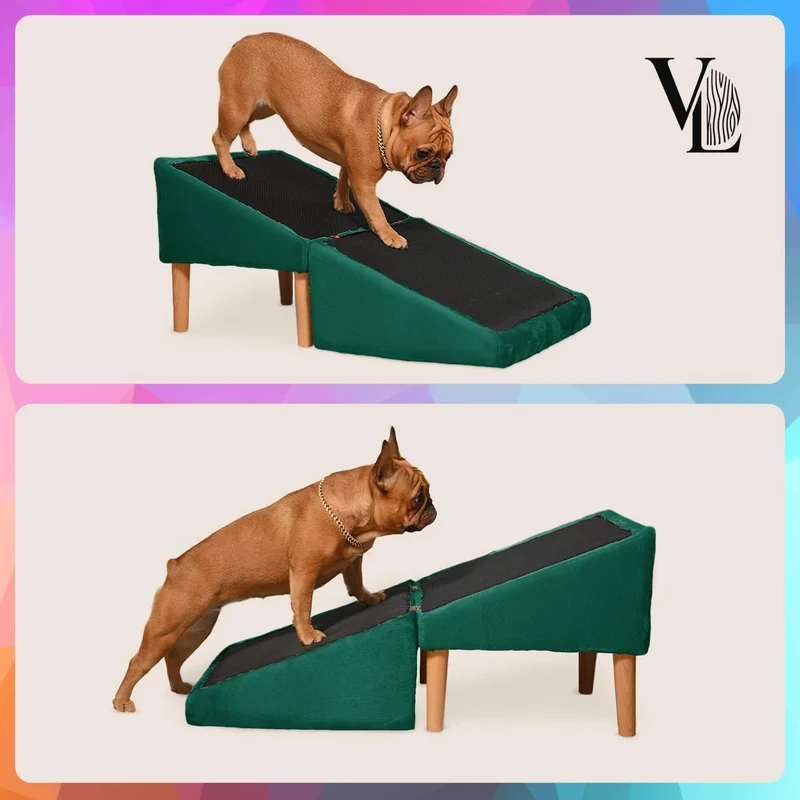 VELORA H&L Hunderampe Dunkelgrün - 2in1 Hundetreppe und Sitzhocker, Klappbare Einstiegshilfe für Sof