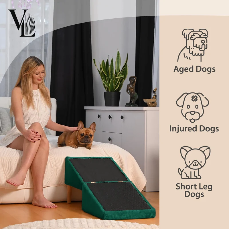 VELORA H&L Hunderampe Dunkelgrün - 2in1 Hundetreppe und Sitzhocker, Klappbare Einstiegshilfe für Sof