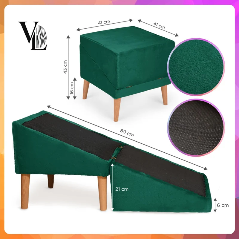 VELORA H&L Hunderampe Dunkelgrün - 2in1 Hundetreppe und Sitzhocker, Klappbare Einstiegshilfe für Sof