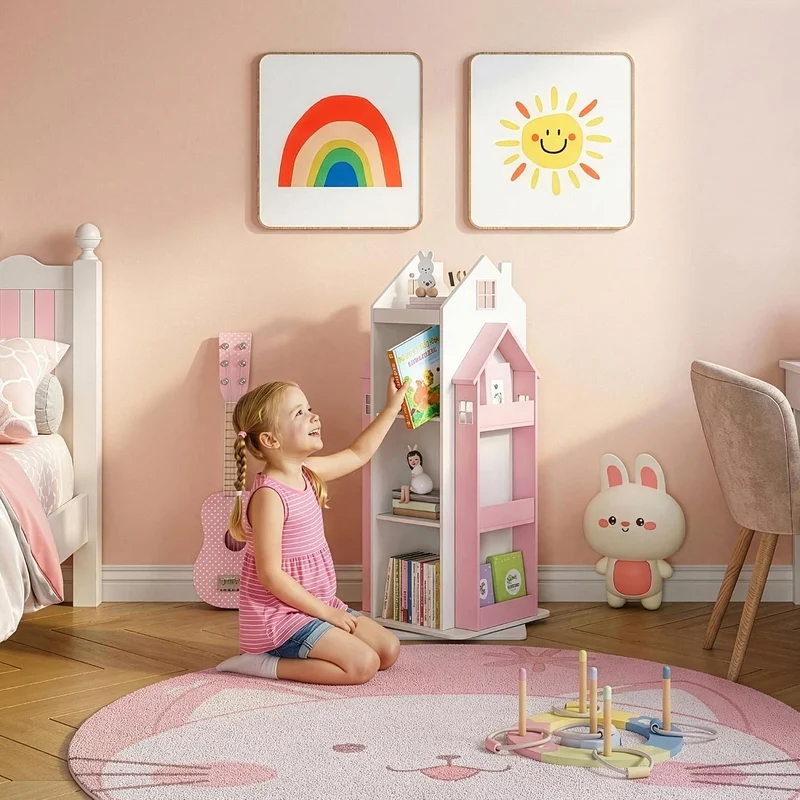 [en.casa] Drehbares Bücherregal für Kinder Vipsali Spielzeugregal in Hausoptik Drehregal mit Aufbewa