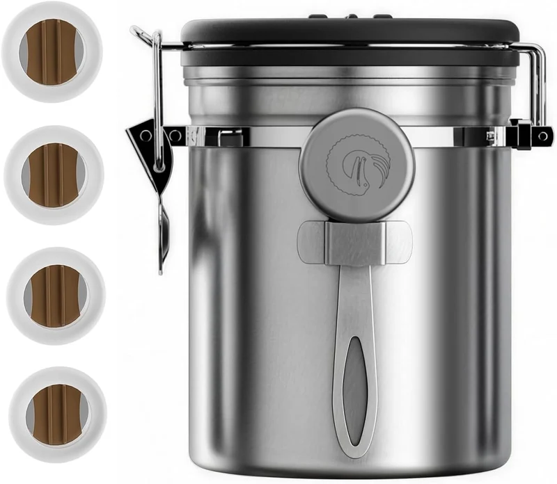 Coffee Gator Kaffee-Kanister mit Datumsanzeige, CO2-Freigabe-Ventil und Schaufel, gross Medium edels