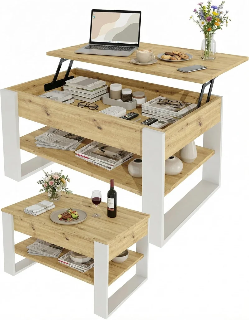 Couchtisch mit anhebbarer Platte | Höhenverstellbarer Wohnzimmertisch mit Stauraum | Sofatisch Eiche