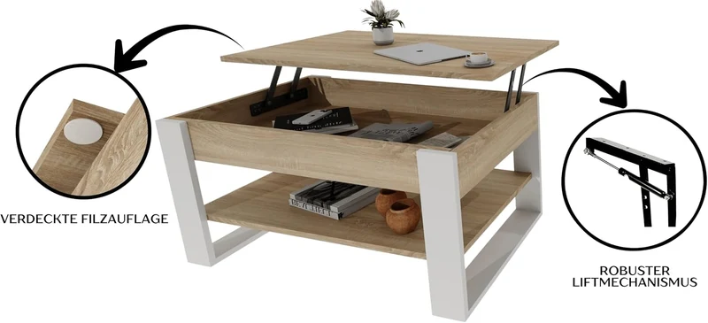 Couchtisch mit anhebbarer Platte | Höhenverstellbarer Wohnzimmertisch mit Stauraum | Sofatisch Eiche