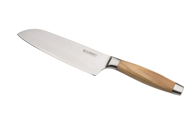 Le Creuset Santoku Messer, 18 cm Damaststahlklinge mit VG10 Kern und glattem Schliff, Olivenholzgrif