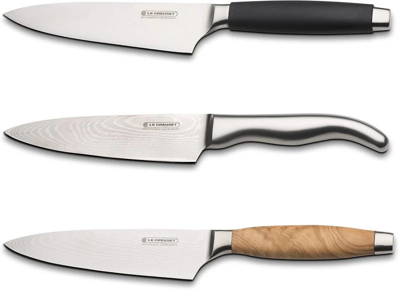 Le Creuset Santoku Messer, 18 cm Damaststahlklinge mit VG10 Kern und glattem Schliff, Olivenholzgrif