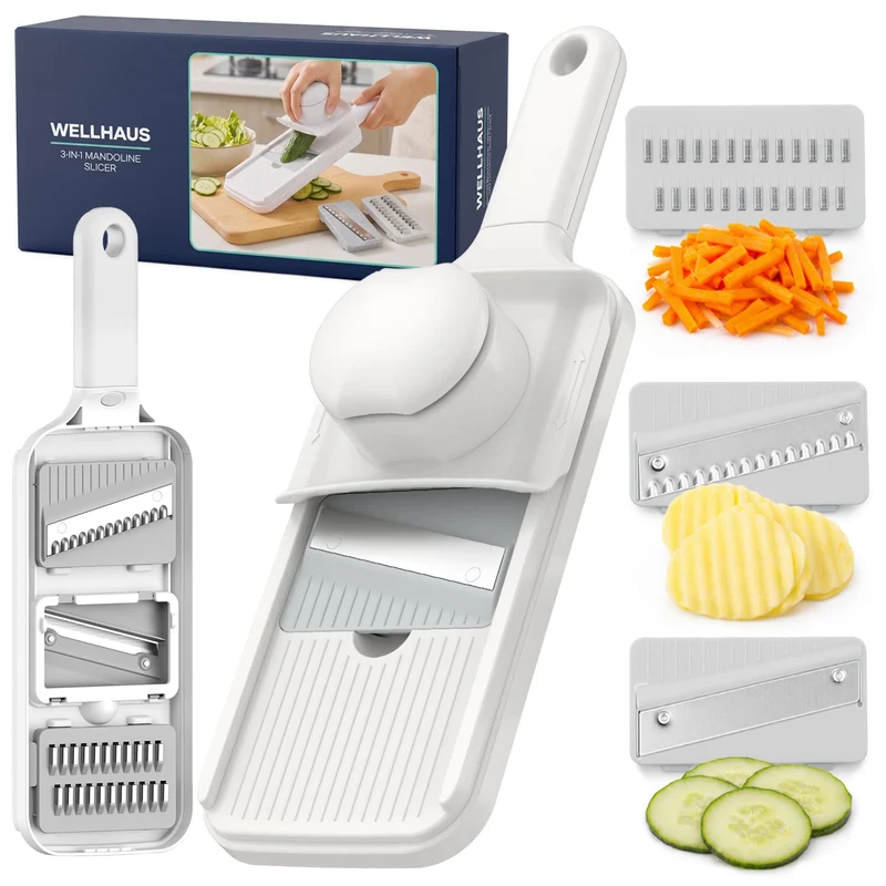 Gemüsehobel - 3 in 1 Mandoline mit 3 Edelstahlklingen, Julienneschneider für Scheiben Wellen und Str