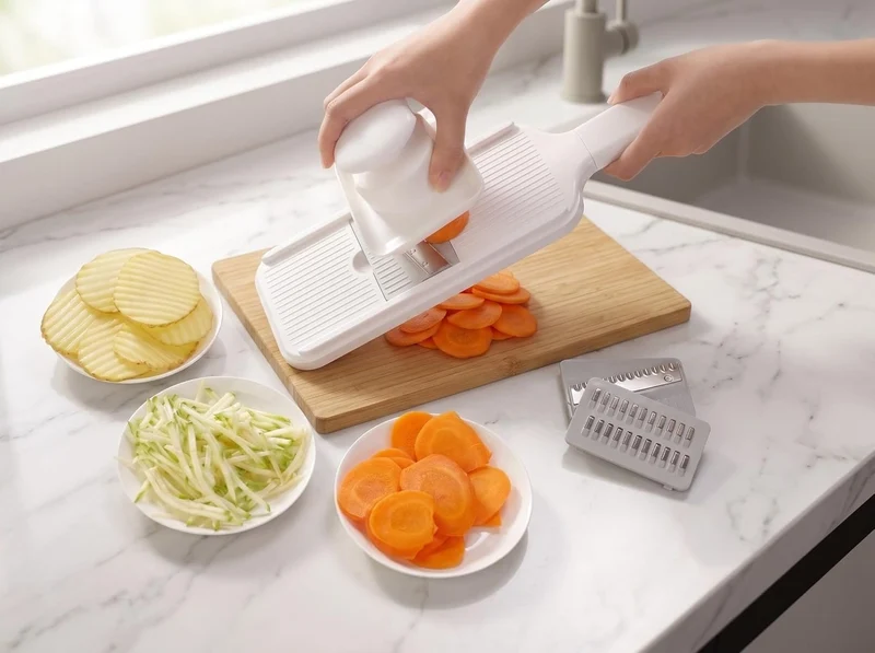 Gemüsehobel - 3 in 1 Mandoline mit 3 Edelstahlklingen, Julienneschneider für Scheiben Wellen und Str