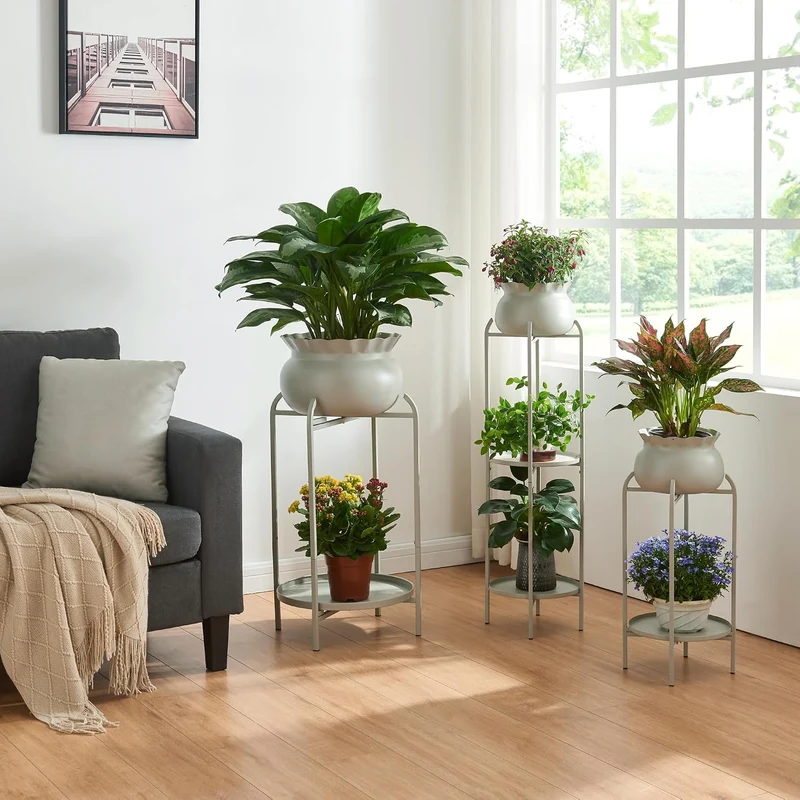 [en.casa] Blumenständer Altena Pflanzenständer mit Blumentopf und Ablage Metall Hellgrau Pflanzenreg