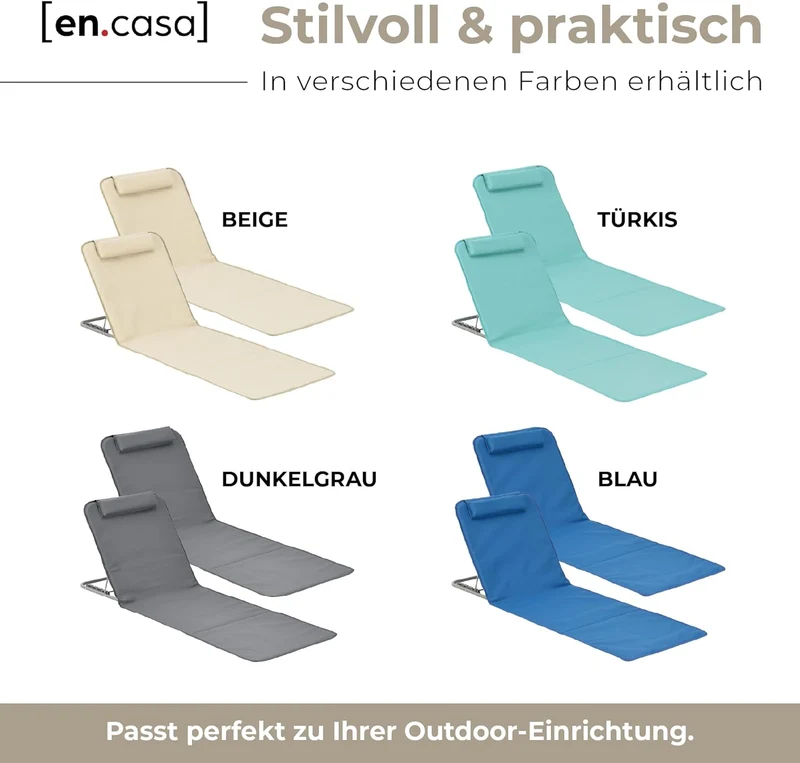 [en.casa] Strandmatte Donostia 2er Set Sonnenmatte klappbar Beige Strandliege mit Verstellbarer Rück