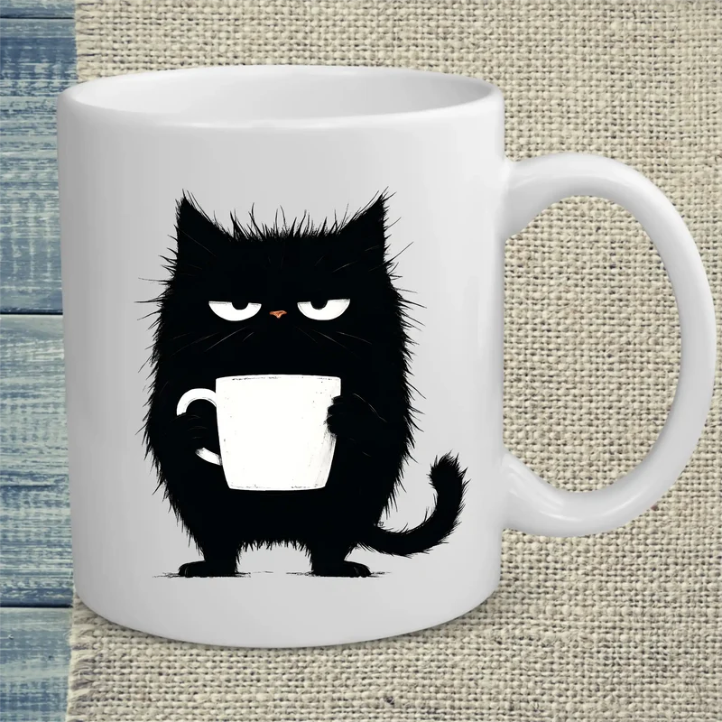 Mürrische Katze mit Kaffee - Tasse