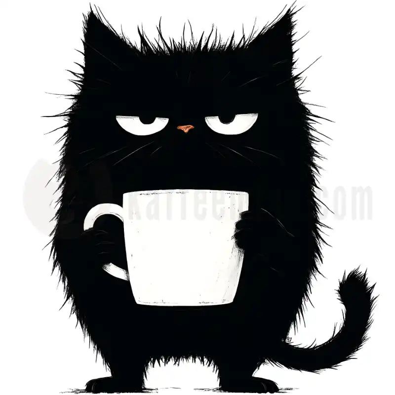 Mürrische Katze mit Kaffee - Tasse