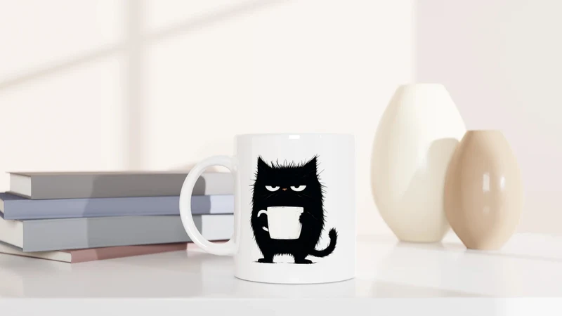 Mürrische Katze mit Kaffee - Tasse