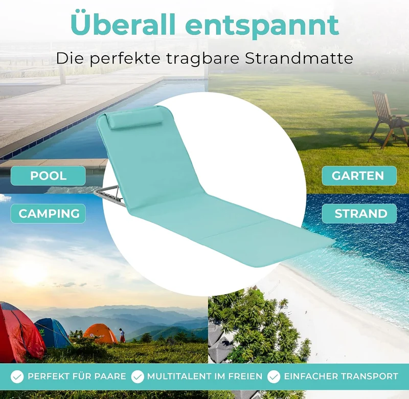 [en.casa] Strandmatte Donostia 2er Set Sonnenmatte klappbar Türkis Strandliege mit Verstellbarer Rüc